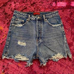 DISTRESSED HIGH WAISTED DENIM SHORTS
